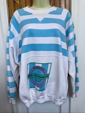 Vintage 80s/90s Forenza White‎ & Light Blue Striped Crewneck Sweatshirt